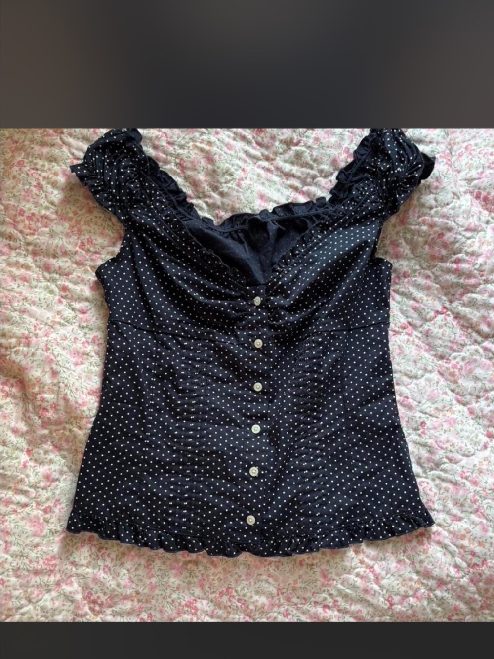 Brandy Melville Black White Polka Dot Ruffled Button-Front Top